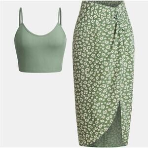 Yozy PINK Ditsy Floral Split Thigh Skirt And Ribbed Cropped Cami Top Size XL